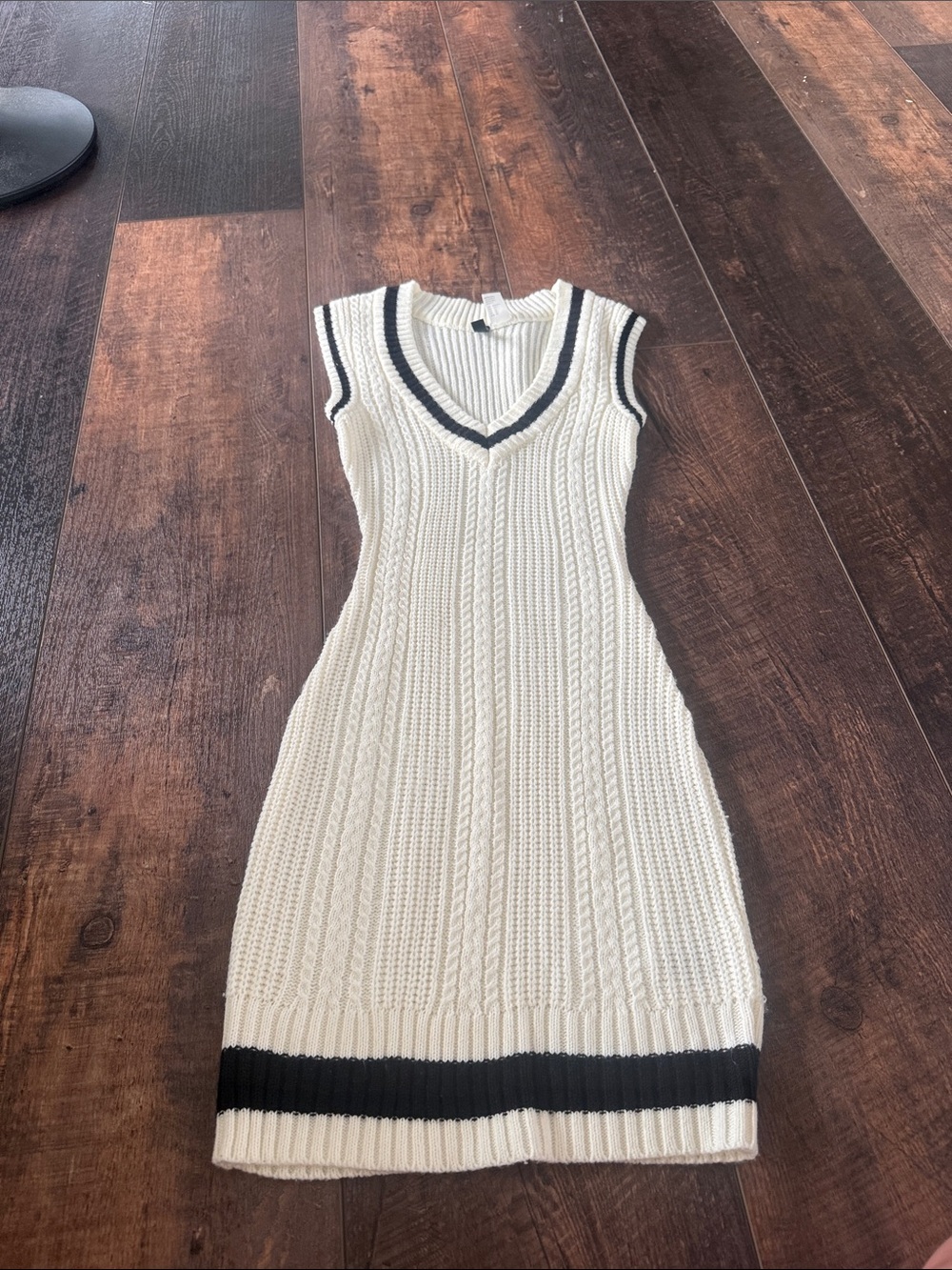 Divided Cream Cable-Knit Sleeveless V-Neck Midi Dress with Black Trim